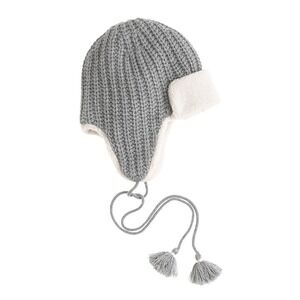 J Crew Trapper Hat Gray Knit Fleece Lined Ear Flaps‎ Tassels One Size